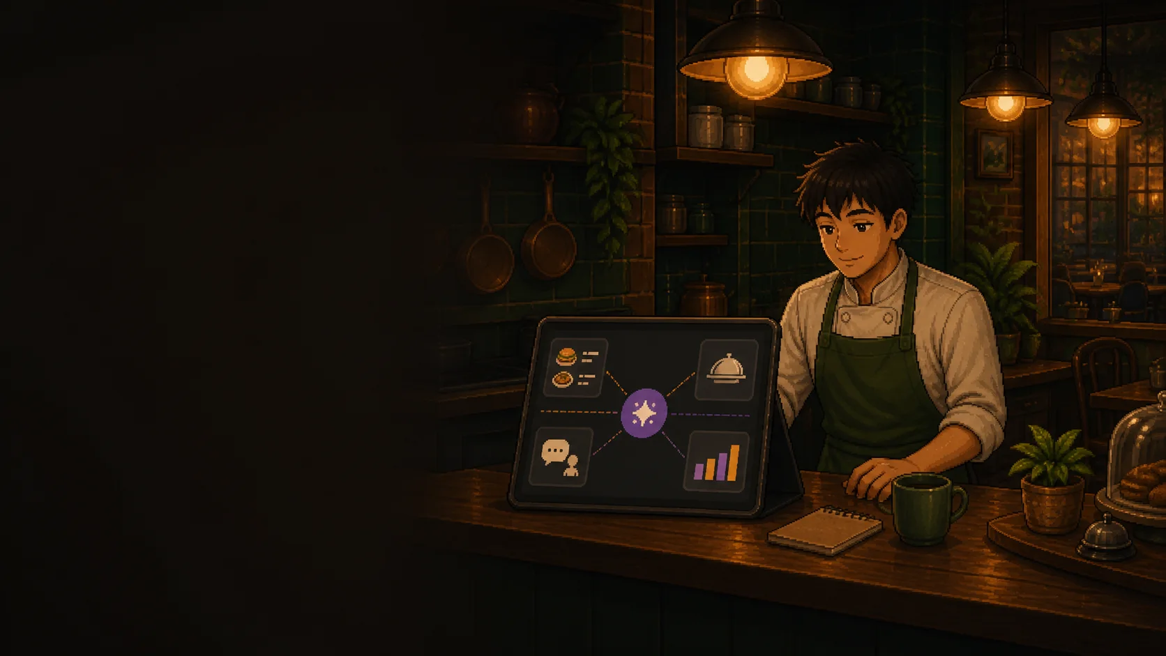 Pixel-art restaurant owner using one trusted AI layer across menus, guest orders, phone calls and restaurant information
