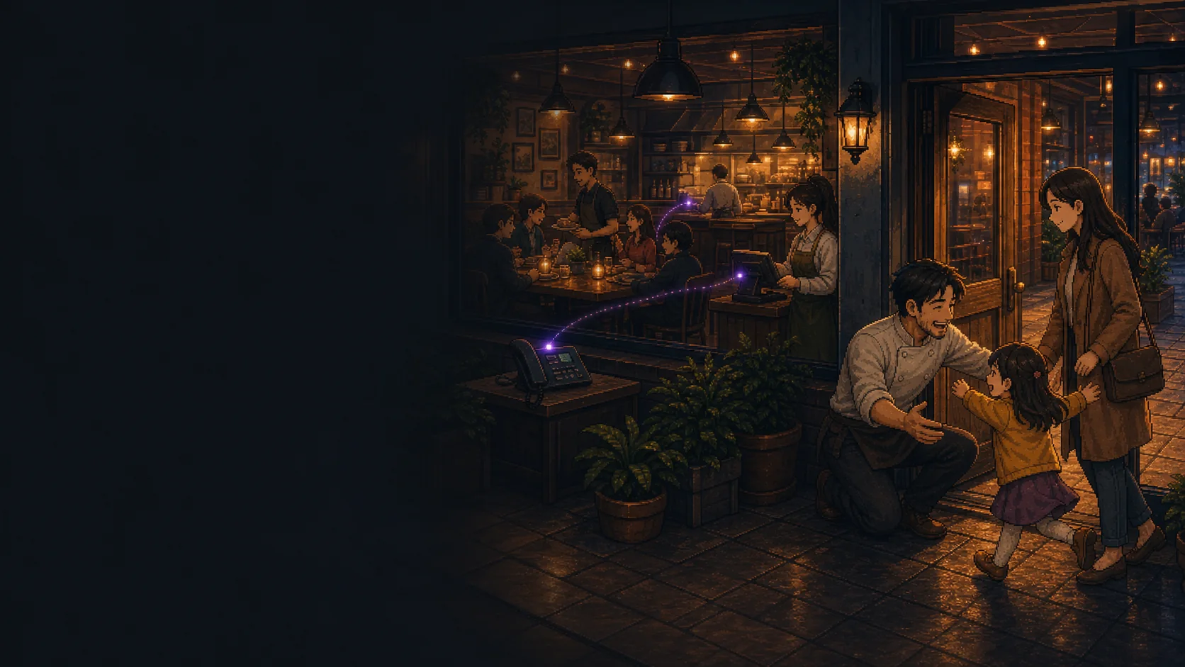 Pixel-art restaurant owner greeting their family outside while evening service continues inside