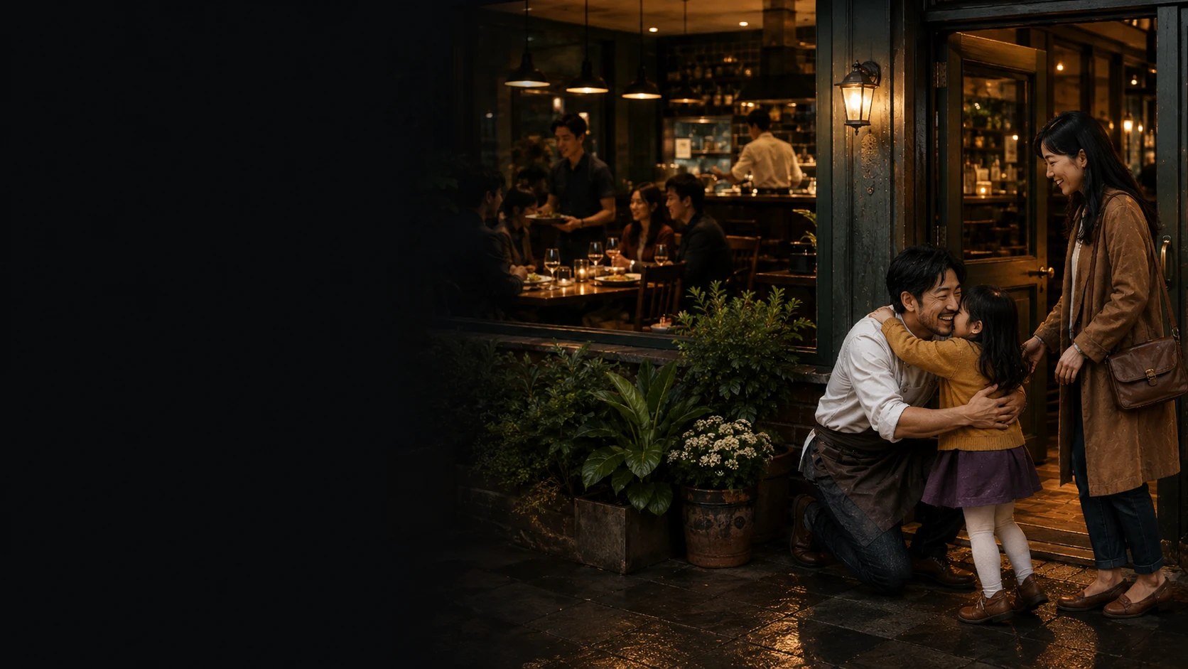 Restaurant owner greeting their family outside while evening service continues inside