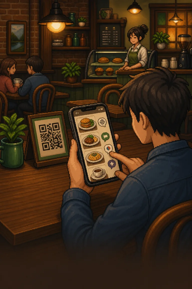 Pixel-art restaurant guest browsing menu items on a phone at the table