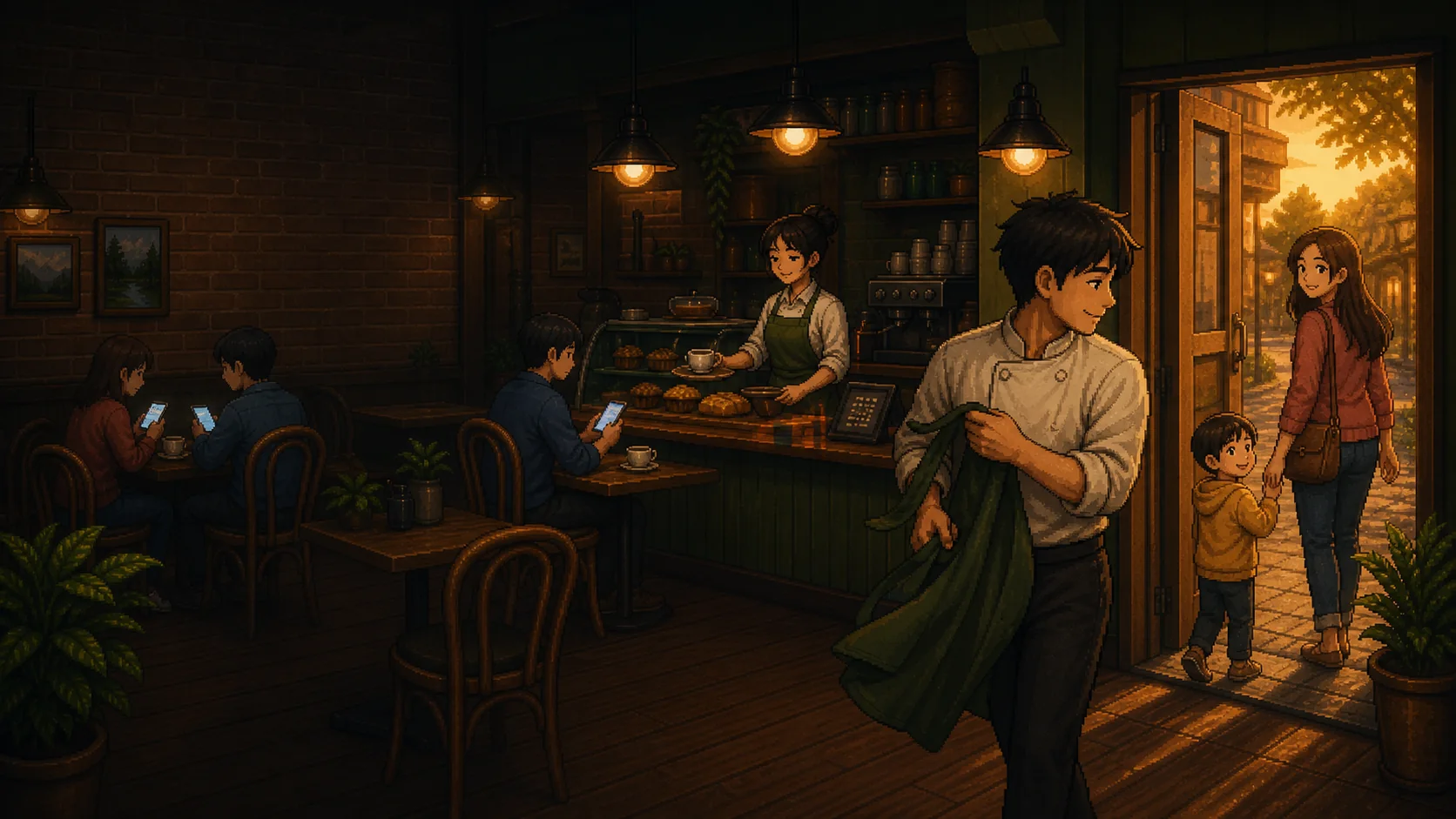 Pixel-art restaurant owner finishing work and meeting family outside