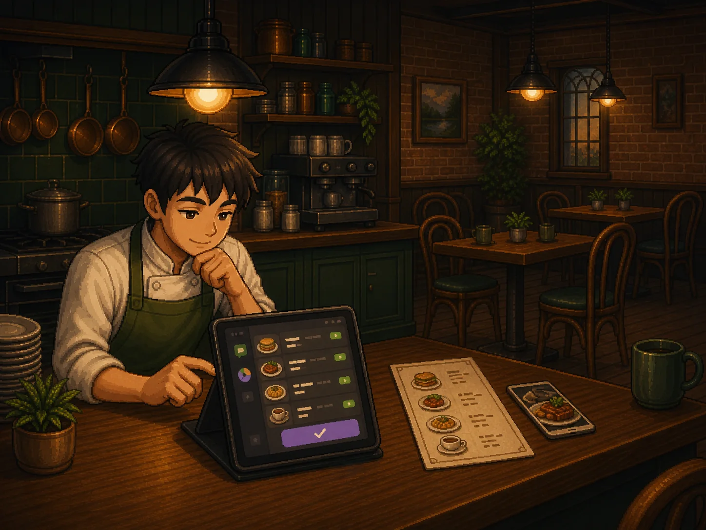 Pixel-art restaurant owner reviewing structured menu items created from a paper menu for web and phone ordering