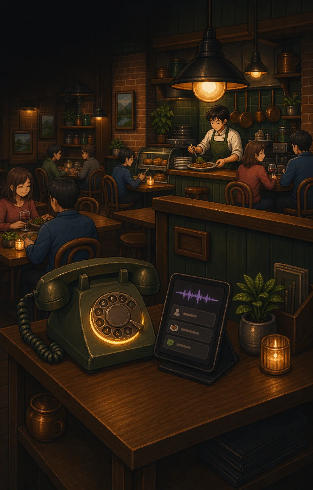 Pixel-art restaurant Phone AI answering a caller, building a pickup order and transferring to staff when needed