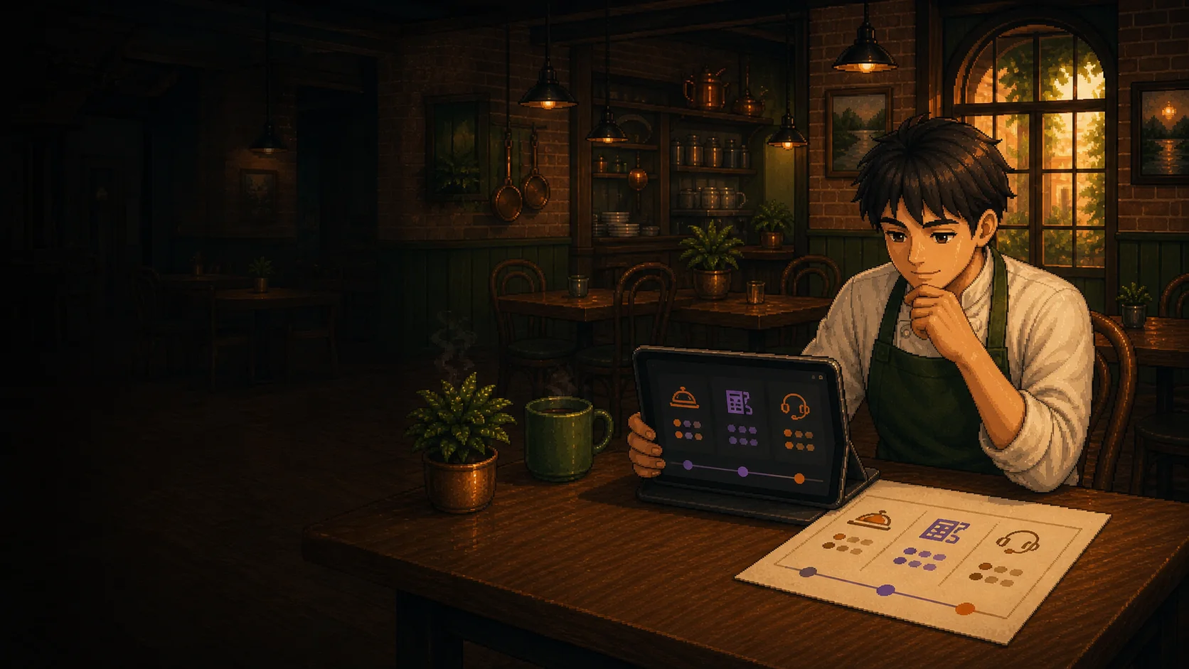 Pixel-art restaurant owner reviewing a right-sized AI proposal before service