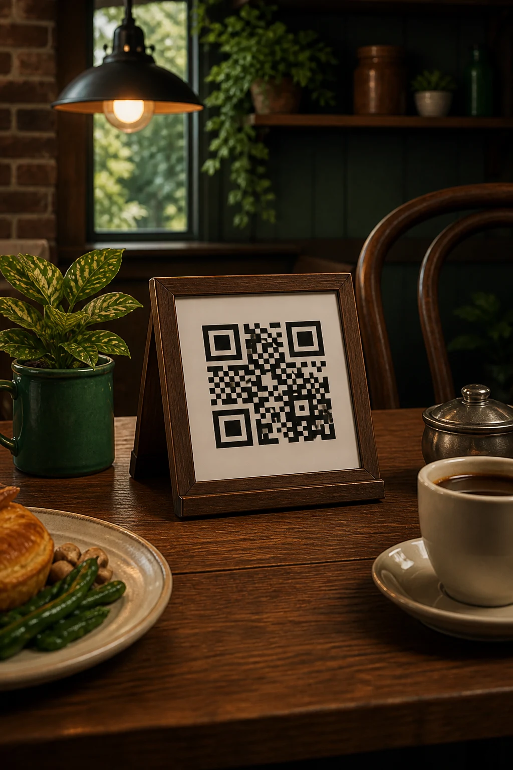 Pixel-artový QR kód připravený ke skenování u stolu v restauraci