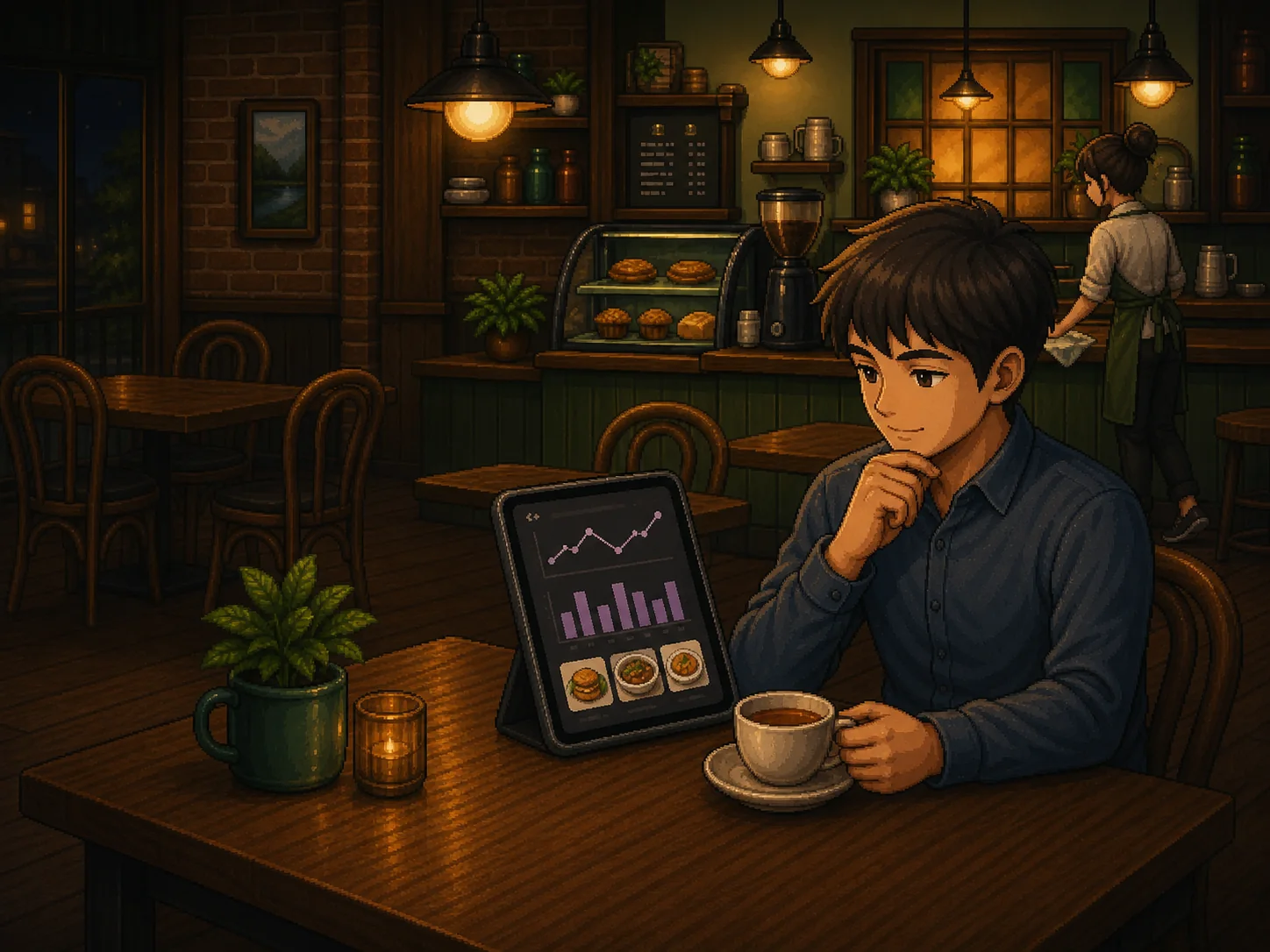 Pixel-art restaurant owner reviewing an AI answer and an approved menu action after the service shift