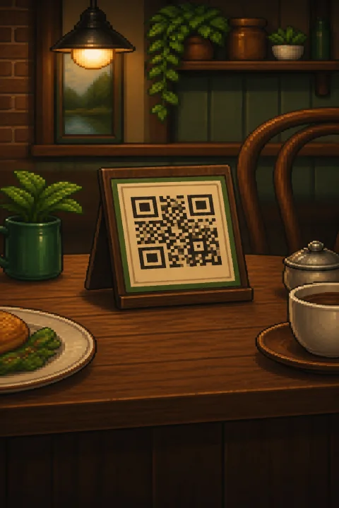 Pixel-art QR code ready to scan at a restaurant table